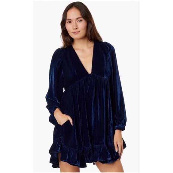 Free People Estella Velvet Mini Dress Tunic With V-Neckline Navy Blue Size M - Picture 1 of 15